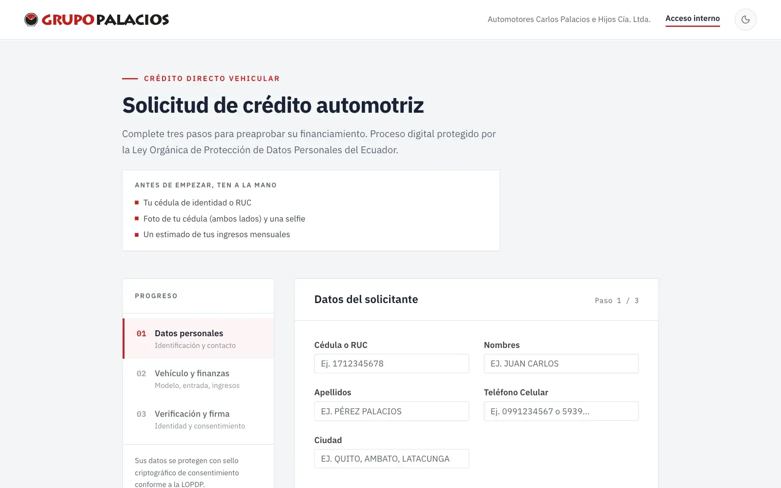 Captura del sitio web de Créditos Grupo Palacios (creditos.grupopalacios.com.ec)