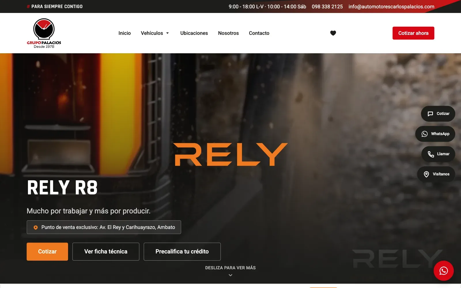 Captura del sitio web de Rely R8 (rely.grupopalacios.com.ec)
